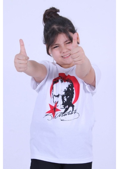 Fyk Kids Atatürk Baskılı Imzalı Unisexs T-shırt Beyaz - Kırmızı