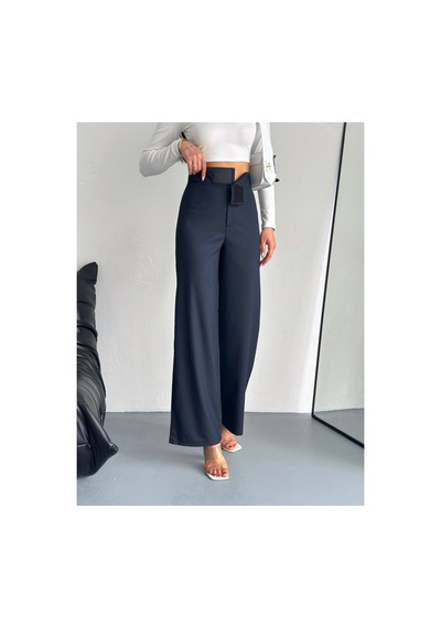 Gugus Kadın Cepsiz Dokuma Kumaş Pantolon Beli Cırtlı Bol Paça Wide Leg Model Lacivert