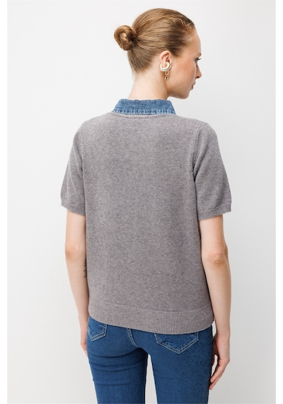 On Kadın Denim Detaylı Kısa Kollu Triko Hırka 10509 Gri
