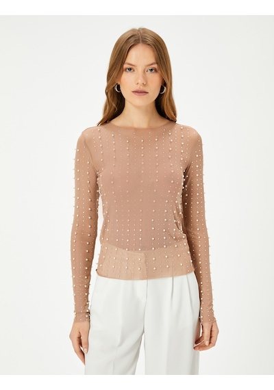 Koton Abiye Buluz Taşlı İnci Detaylı Uzun Kollu Bisiklet Yaka Slim Fit Bej 4sak60032fk