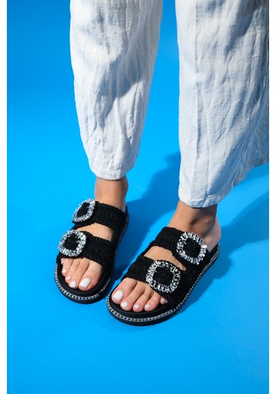 Luvishoes Dungeon Siyah Örme Çift Bantlı Taş Tokalı Kadın Terlik Siyah