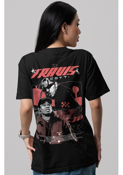 Travis Scott Rapper Şarkıcı Sırt Baskılı Unisex Oversize Tişört Siyah