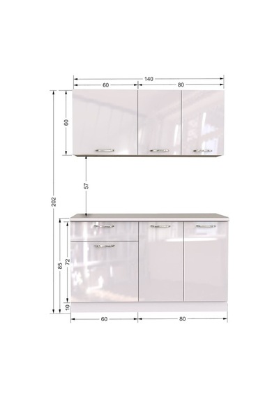 Tdesigno Esin Hazır Mutfak Dolabı 140 Cm - Tezgah Dahil - Parlak Beyaz Beyaz