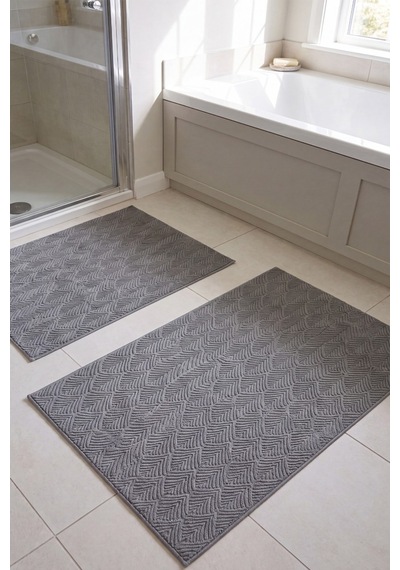 Raschel Carpet Yaprak Desenli Premium Seri Özel Kaymaz Taban Banyo Paspası 2'li Set 50x60 Ve 60x100 Gri