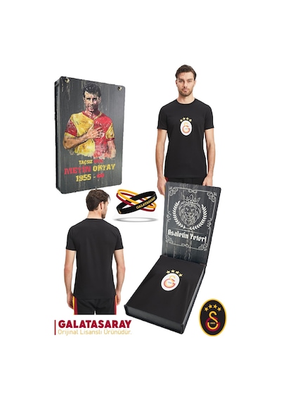 Galatasaray Lisanslı Arma T-shirt + Bileklik Set Ahşap Kutulu 100 Siyah