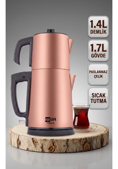Teadem Xl Elektrikli Çay Makinesi Çaycı 2000w 1.7l Kettle 1.4l Xl Demlik 304 Paslanmaz Çelik Rose Gold