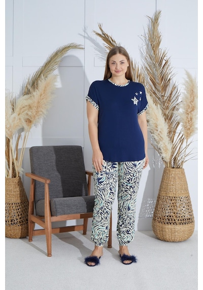 Sevim Kadın Büyük Beden Kısa Kol Lacivert Pijama Takım C3t4n851 001