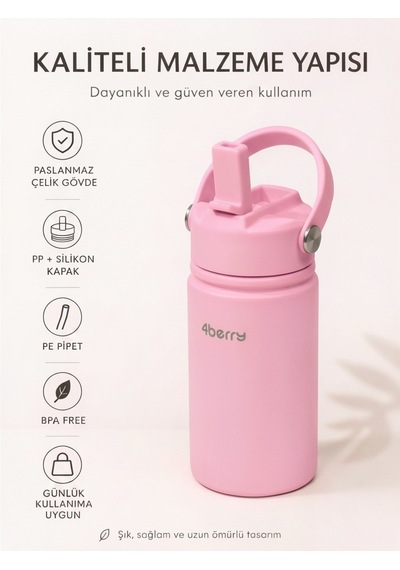 350 Ml Kulplu Pipetli Çelik Termos Bardak Bpa Free, Taşınabilir Mini Termos, Pembe Renk