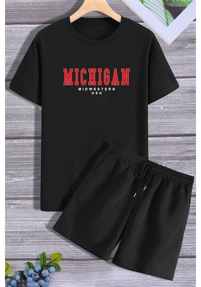 Uyguntarz Michigan Şort T-shirt Eşofman Takımı Siyah