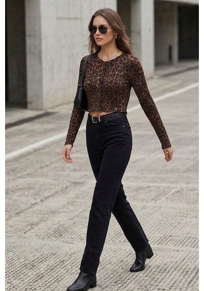 Kadın Leopar Desenli Crop Bluz Düğmeli Uzun Kollu Fit Yumuşak Dokulu Bluz - Kadın Bluz Leopar