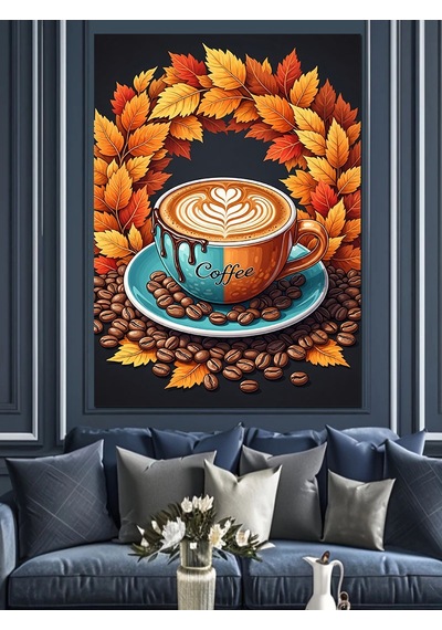Ahşap Tablo Güz Yaprakları Ve Latte Sanatlı Fincan Kahve