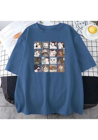 Flood Of Style Erkek Mavi Cat Baskılı Oversize Bisiklet Yaka Tshirt
