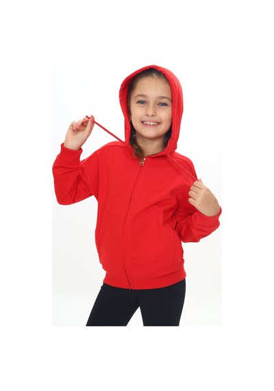 Toontoy Kız Çocuk Kapüşonlu Fermuarlı Cepli Düşük Omuz Örme Hırka - 2 İplik Kırmızı