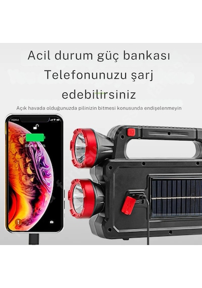 Solar Panelli Çok Foksiyonlu Telefon Şarj Özellikli El Feneri Işıldak 2 Ampullü