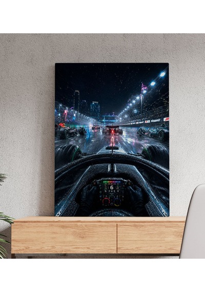 Bk Gift Yağmurlu Gece Formula Yarışı Pilot Kokpiti Ve Şehir Pisti Temalı Kanvas Duvar Tablosu 50x70 Cm