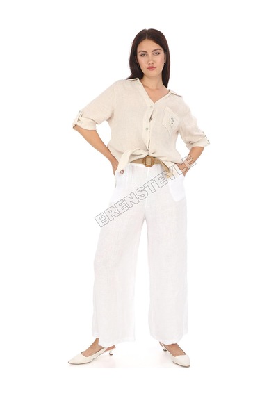Eren Style İtalyan Kemerli Keten Pantolon-9200 Beyaz