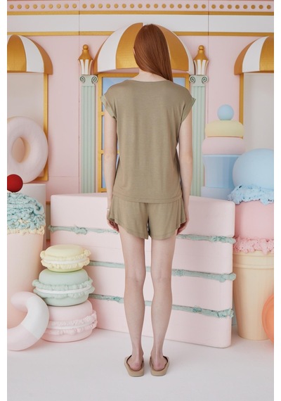 Sevim Kadın Kısa Kol Yağ Yeşili Şortlu Pijama Takım C4t0n551 001
