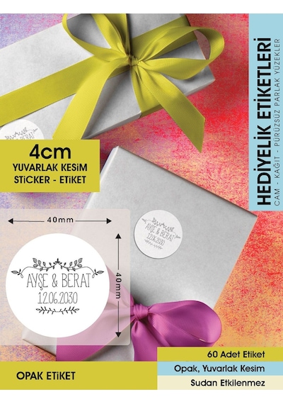 Çiçek Desenli Etiket Modeli, Düğün Hediyelik Etiket 5cm - 40 Adet Opak Sticker Siyah - Beyaz