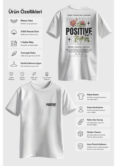 Spoyi Pozitif Bahçe Tasarımlı %100 Pamuk Yarım Oversize Beyaz T-mhirt