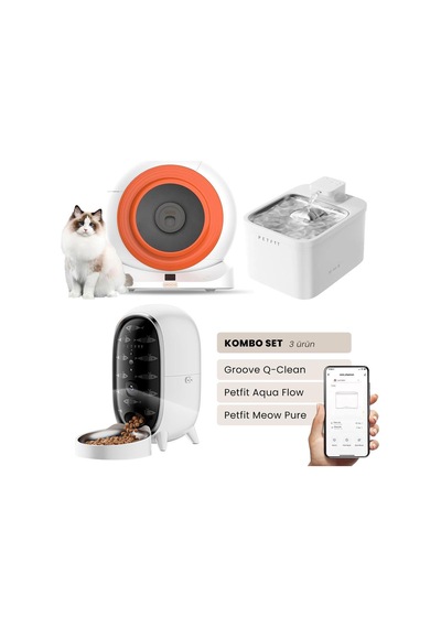 Groove Q-clean Akıllı Otomatik Kedi Tuvaleti Turuncu - Petfit Aqua Flow Akıllı Bataryalı Su Pınarı Çeşmesi + Petfit Meow Pure Akıllı Otomatik Mama Kabı Bundle
