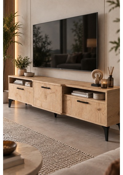 Sulorahome Bej Traverten Desenli Suntalam Tv Sehpası 160x40 Cm Turkuaz