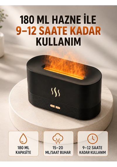 180 Ml Alev Efektli Aroma Difüzörü Ultrasonik Buharlı Aromaterapi Cihazı - Lisinya