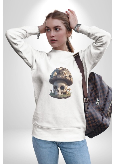 Kurukafa Mantar Ev Unisex Beyaz Baskılı Sweatshirt Beyaz