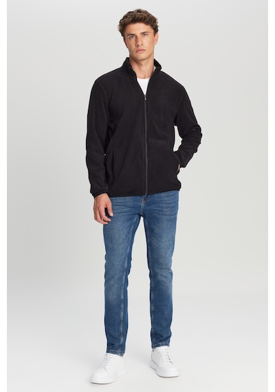 AC&Co / Altınyıldız Classics Erkek Sıyah Anti-pilling Tüylenme Yapmayan Standart Fit Bato Yaka Sweatshirt Polar Ceket Siyah