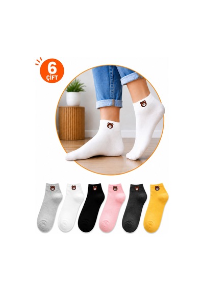 Worthy Socks 6 Lı Ayıcık Desenli Patik Çorap Seti Pamuklu Günlük Çorap Renkli
