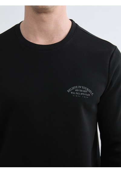 Lcwaıkıkı Classic Siyah Bisiklet Yaka Baskılı Erkek Kalın Sweatshirt