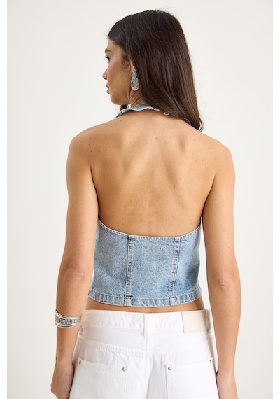 Shade Kadın Boyundan Askılı Dekolte Detaylı Denim Bluz 3433 60283271 - Buz Mavisi