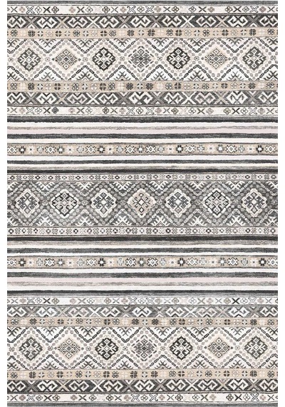 Etnik Kilim Desenli Pamuk Taban Yıkanabilir Baskılı Dekoratif Halı Gri