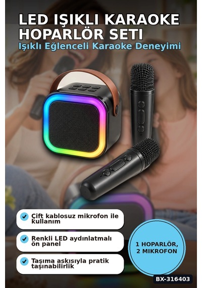 Karaoke Ses Sistemi 2 Kablosuz Mikrofonlu Bluetooth Hoparlör Led Işıklı Bx-316403