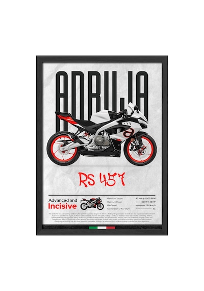 Aprilia Rs 457 Siyah Ahşap Çerçeveli Poster, Dekoratif Motosiklet Duvar Tablosu Çok Renkli
