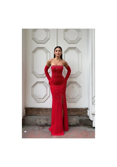 DefyModa Kadın Trend Straplez Taş Detaylı Yırtmaçlı Abiye Elbise Kırmızı