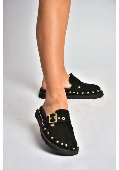 Fox Shoes Y918143802 Siyah Süet Önü Kapalı Zımba Detaylı Sabo Terlik