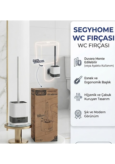 Duvara Monte Edilebilir Yapışkanlı Wc Tuvalet Fırçası Seti - Esnek Ergonomik Başlıklı Hijyenik Banyo Fırçası Duvara Asılabilir & Ayakta Kullanım Beyaz - Gri