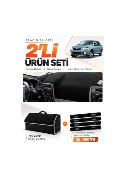 Fıat Siena 2005-2012 Uyumlu Torpido Örtüsü + Tay Tüyü Bagaj Çantası + Sticker Seti - Siyah Gri