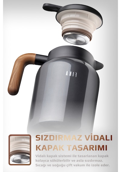 Fika Paeta Çift Katmanlı Sızdırmaz Kapaklı Çelik Büyük Boy Sürahi Termos 2 Litre Antrasit