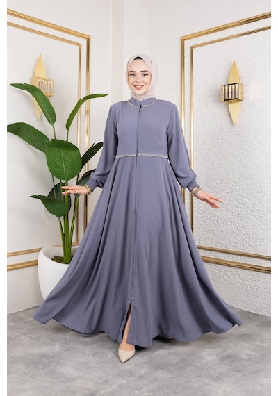 Nevayla Moda Yaka Ve Bel Nakış Detaylı Ferace - Gri / F0143 Gri
