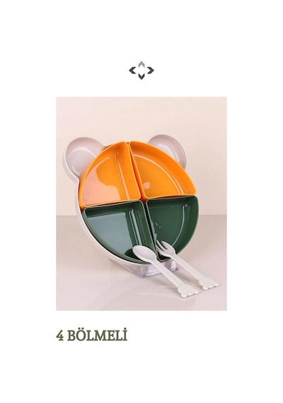 4 Bölmeli Çıkarılabilir Ayıcık Desenli 7 Parça Mama Yemek Tabağı ve Çatal Kaşık Seti Bpa Free Yeşil - Sarı