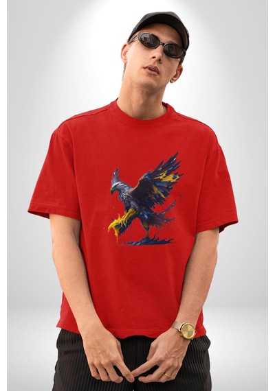 Kara Kartal Sulu Boya Pamuklu Bisiklet Yaka Unisex Oversize Boyfriend Dijital Baskılı Kırmızı T-shirt Kırmızı