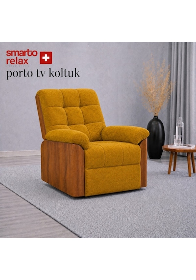 Smarto Relax Porto Tv Koltuğu Elektrikli Masajlı Isıtmalı Döner Sallanan Ahşap Yan Panelli Polyester Kumaş Baba Koltuğu Sarı