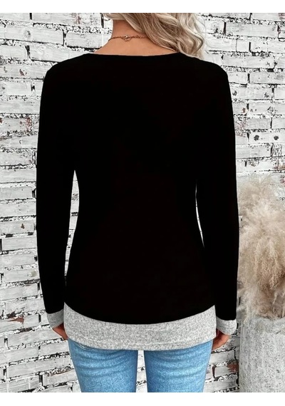 Defymoda Kadın Uzun Kollu Yuvarlak Yaka Blok Renkli Yandan Düğmeli Viskon Bluz Siyah