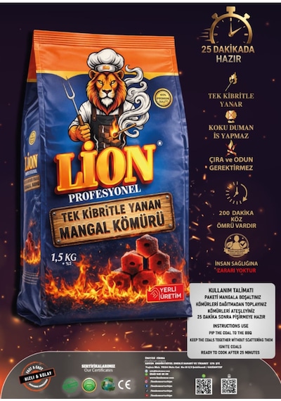 Lion Profesyonel Tek Kibritle Yanan Mangal Kömürü 1,5kg Turuncu