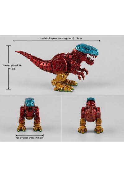 Robotik Görünümlü T-rex Dinozor Figürü Metalik Efektli Plastik Dekoratif Biblo Sabit Model