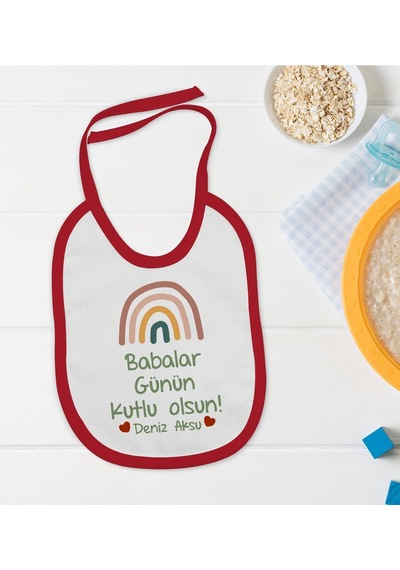 Bk Kids Kişiye Özel Babalar Günü Tasarımlı Kırmızı Bebek Mama Önlüğü-2 Kırmızı