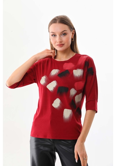 Sistas Kadın Desenli Bisiklet Yaka Bluz 23582 Bordo
