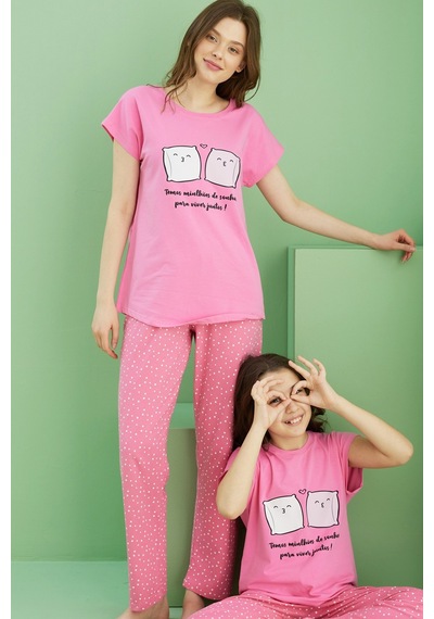 Siyah İnci Pamuklu Bisiklet Yaka Örme Pijama Takım25117079 Pembe