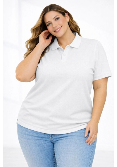 Novalisse Kadın Battal Beden Tişört Polo Yaka Pike Kumaş Kısa Kol T-shirt - Beyaz Çoklu Renk